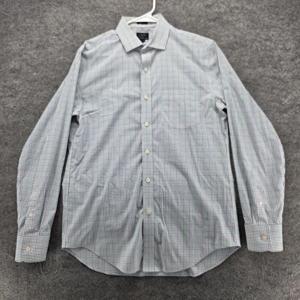 J.CREW Shirt Mens M White Check Slim Fit Spread Collar Wrinkle Resistant